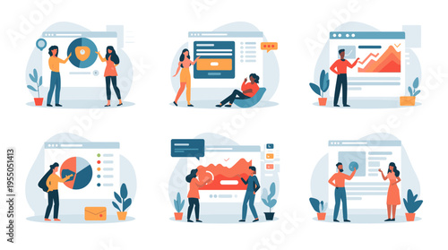 A minimalist, abstract illustration depicting a businesswoman interacting with a flowing shape. Ideal for concepts of growth, innovation, and the futu