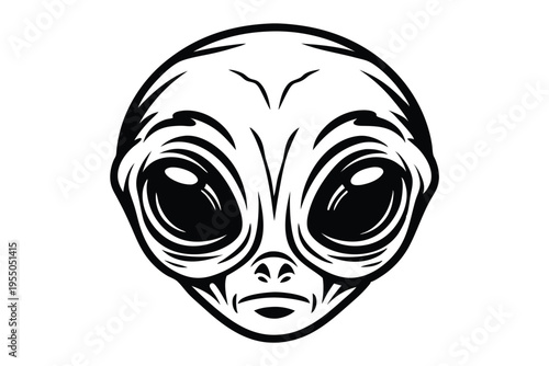 Monochrome extraterrestrial face with large black eyes showcases an iconic space alien visualization