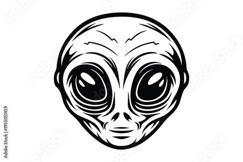Alien face with large black eyes gazes forward intensely, drawn in clean monochrome style
