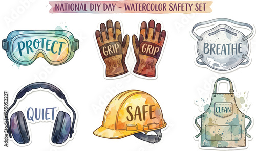 Various personal protective equipment items are presented in a watercolor sticker style intended for safety awareness during construction work.