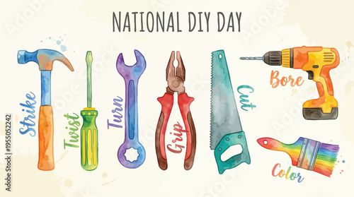 National DIY Day is promoted using a set of seven industrial tools illustrated with simple line art icons, each paired with a single action verb below.