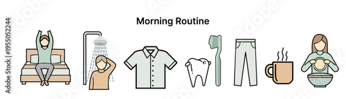 Simple morning routine illustrations for health and wellness tracking