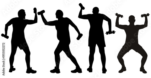Set of black vector silhouettes of sportive man doing fitness workout with dumbbells. Icons of boy doing sport exercises isolated on white background. 