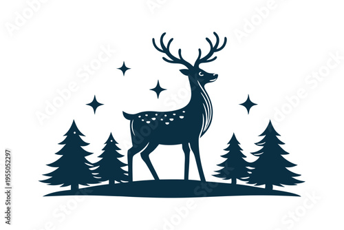 Majestic stag with antlers stands calmly amidst a stylized forest in the night