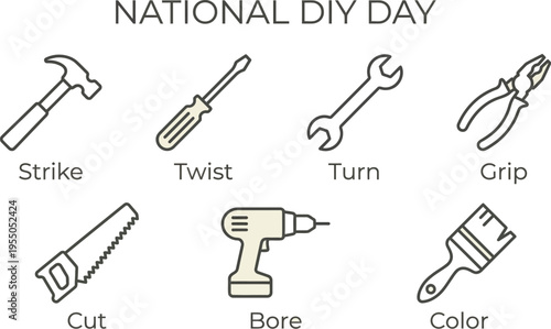 National DIY Day is celebrated with a row of seven essential hand and power tools depicted in colorful watercolor illustration style on a light background.