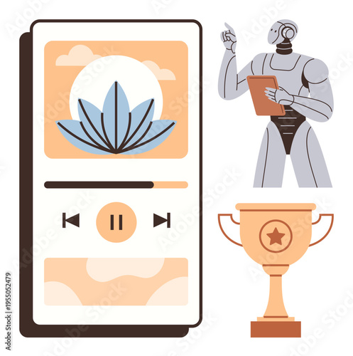 Mindfulness, technology integration, personal growth, achievement, innovation, relaxation. A robotic figure with a tablet, a relaxing meditation app interface and a trophy. Mindfulness