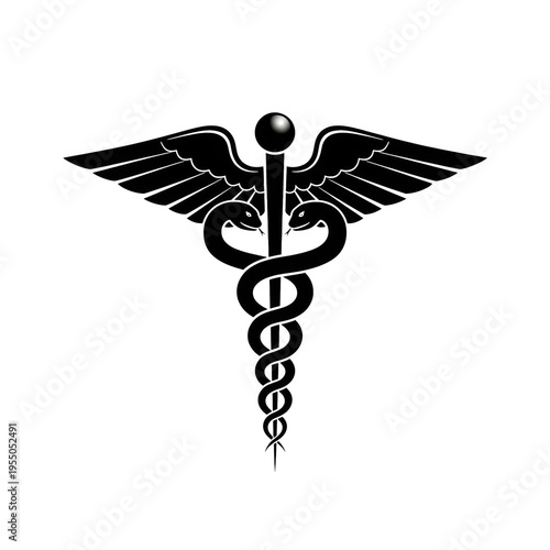 A bold black vector silhouette of a perfectly symmetrical caduceus symbol, graceful wings and intertwined serpents on a staff, transparent background, commercial precision concept