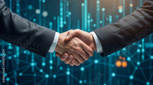 Two professionals grasp hands firmly in a digital network conceptual background symbolizing partnership and agreement