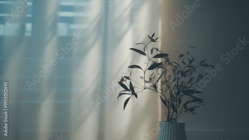 Minimalist interior with soft sunlight through a sheer curtain, casting delicate shadows and warming a ribbed vase with a leafy plant for a calm, inviting morning atmosphere