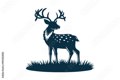 Majestic reindeer silhouette gazes peacefully amidst stylized trees and stars inside a circular frame