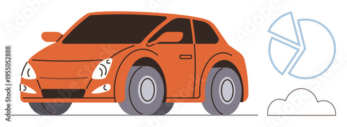 Automotive data analysis, transportation, vehicle connectivity, smart technology, cloud services, energy efficiency. Red car next to graph and cloud icons. Automotive data and connectivity concepts