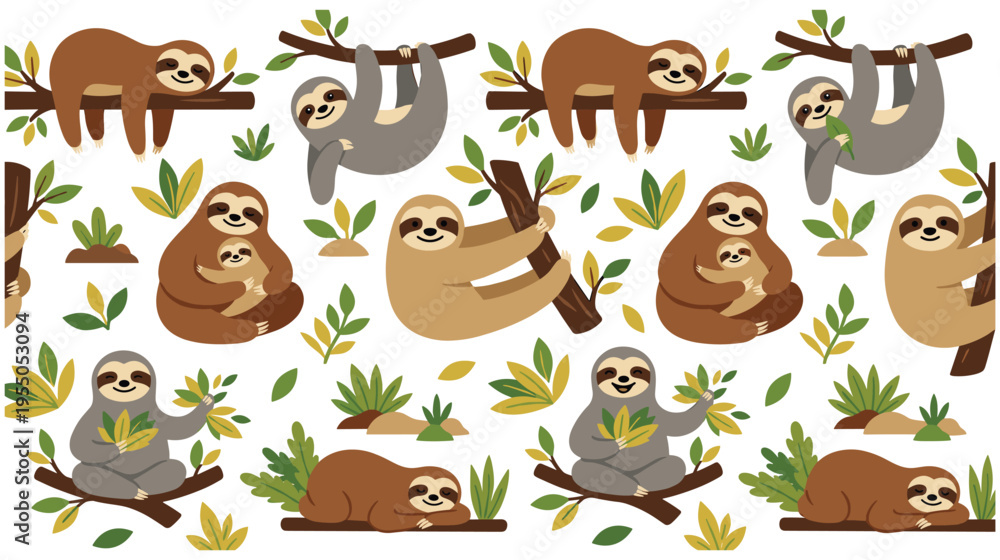 Fototapeta premium Cute sloth pattern background with cartoon animals and jungle leaves