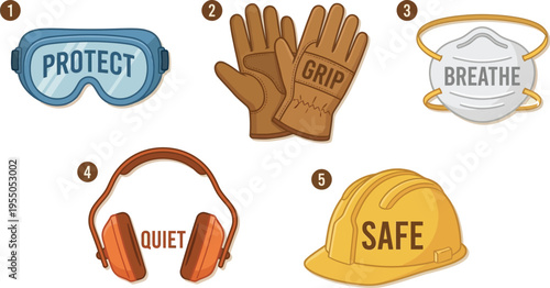 Five essential pieces of personal protective equipment, including goggles, gloves, a respirator, ear defenders, and a hard hat, are illustrated.