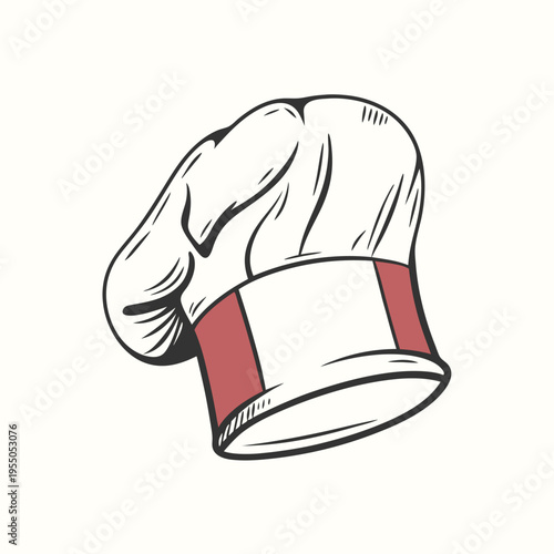 A chef's toque with a red stripe sits angled on a light background