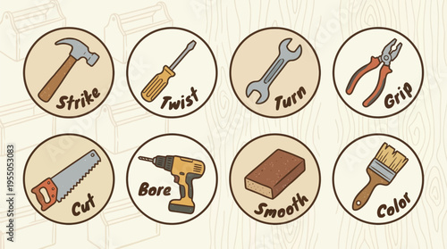 A collection of eight circular icons depicts various hand tools used for construction and repair tasks with associated action words.