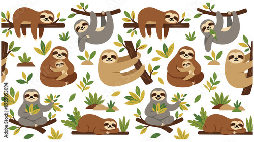 Cute sloth pattern background with cartoon animals and jungle leaves