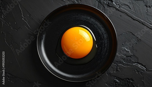 黒いお皿に卵、シンプルなお料理画像