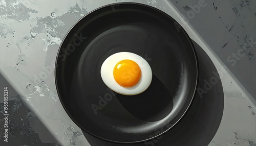 黒いお皿に卵、シンプルなお料理画像