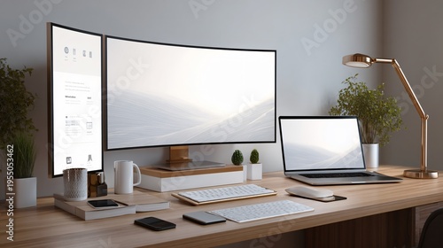 Dual monitor computer workstation with laptop and modern office accessories