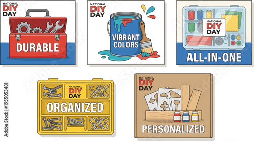 A collection of five square icons highlights different aspects of a DIY project including durable tools, vibrant colors, and organization.