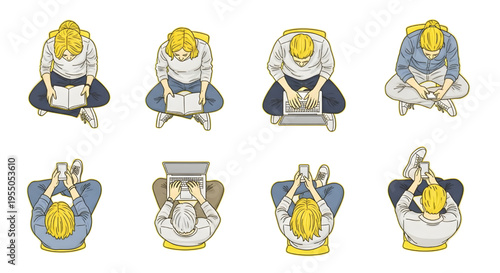 Sitting People Top View Vector Set – Men Women Reading Laptop Mobile Floor Plan Yellow Outline Characters