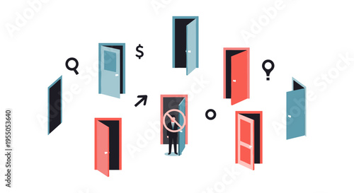Businessman choosing opportunity with many doors open