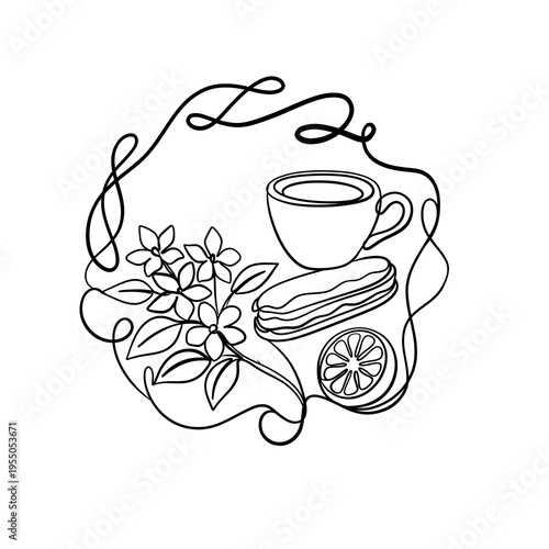 Minimalist coffee cup and eclair line art with jasmine flowers