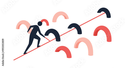 Businessman navigating challenges on tightrope with obstacles