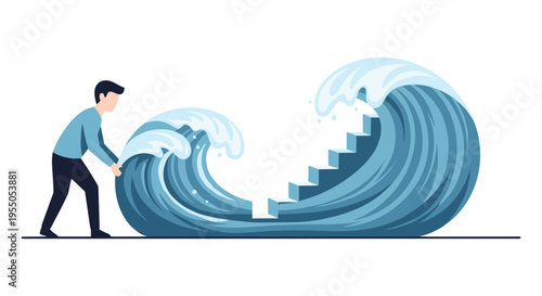 man climbing wave with stairs, business challenge concept