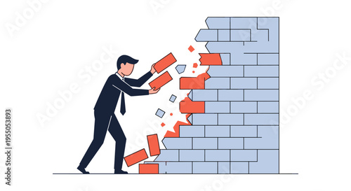 Businessman breaking through brick wall, symbolizing innovation and problem solving