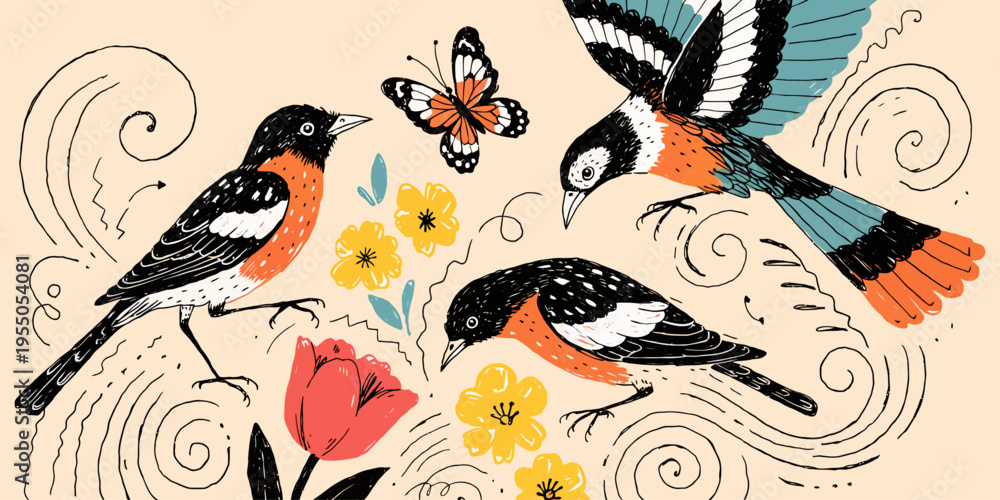 Fototapeta premium Beautiful vector illustration of black and orange birds, a graceful butterfly, and colorful spring flowers, enhanced with decorative swirls, evoking a lively natural garden scene