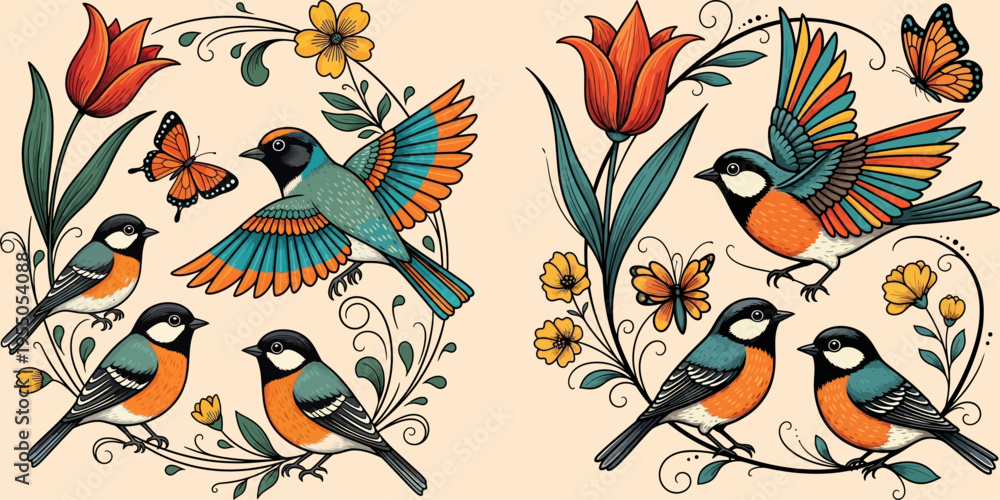 Obraz premium Charming Birds and Butterflies Adorned with Floral Motifs in a Whimsical Illustration
