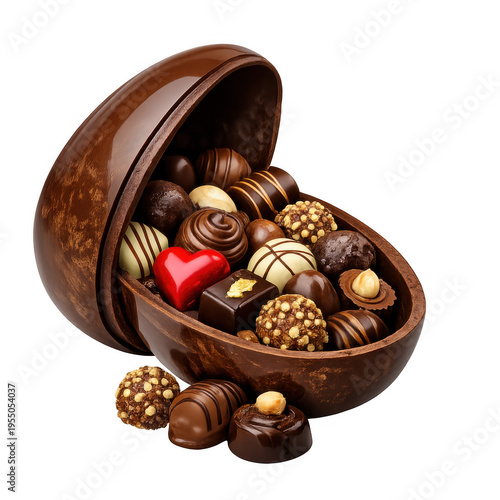 Luxury dark chocolate Easter egg half open filled with premium assorted pralines, truffles, and a red heart-shaped chocolate, gourmet confectionery gift isolated on transparent background.