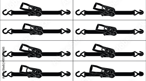 Eight Black Silhouettes of Ratchet Straps on a White Background tie down strap cargo strap