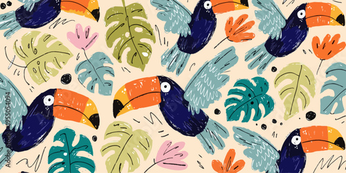 Vibrant hand-drawn tropical pattern featuring flying toucans and lush jungle leaves, perfect for exotic backgrounds and textile designs
