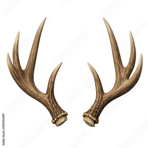 A pair of natural deer antlers with a matte texture and elegant form, perfect for rustic decor, hunting themes, or wildlife art, isolated on a transparent background for easy design integration.