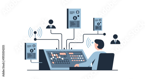 man working on computer with multiple screens and connections