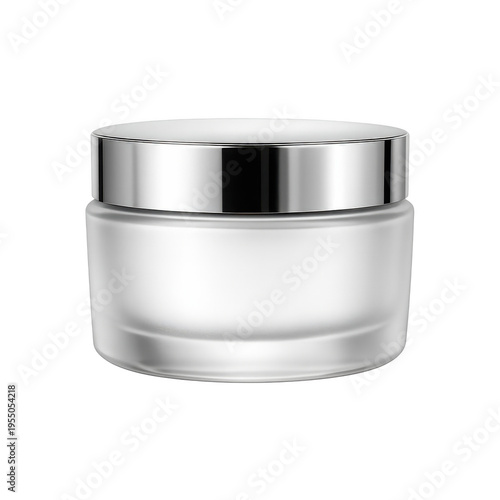 Premium luxury skincare jar with elegant frosted glass body and reflective metallic silver lid, high-end cosmetic container for face cream or moisturizer, isolated on transparent background.