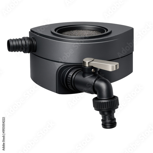 Modern Matte Black Rainwater Collection Barrel Spigot Attachment and Diverter for Garden Water Butt with Hose Connector and Metal Lever, Isolated on Transparent Background Cutout