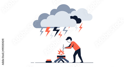man trying to light fire under stormy weather