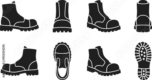 Eight Black Silhouettes of Work Boots Showing Different Views and Soles footwear shoe