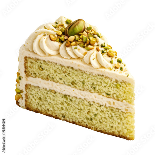 Delicious Slice of Pistachio Layer Cake with Creamy White Frosting and Chopped Green Nuts on Top, Premium Gourmet Dessert Styling, Isolated on Transparent Background for Creative Food Design