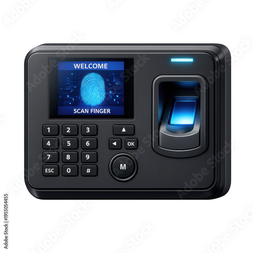 Biometric Fingerprint Scanner Device for Security and Time Attendance, Access Control System with LCD Screen and Keypad, High-Tech Electronic Reader Isolated on Transparent Background