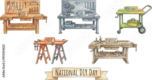 Multiple styles of wooden and metal workbenches are illustrated for a National DIY Day celebration banner.