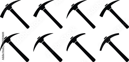 Eight Black Silhouettes of Pickaxes in a Grid Formation Keywords: pickaxe, tool, mining, digging, construction, equipment, instrument, sharp, pointed, handle, grip, silhouette, black and white