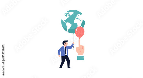 businessman holding globe on string with hand pointing