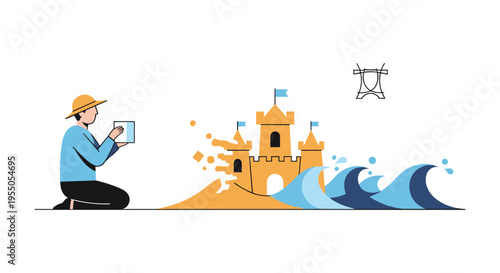 man building sandcastle with tablet on beach