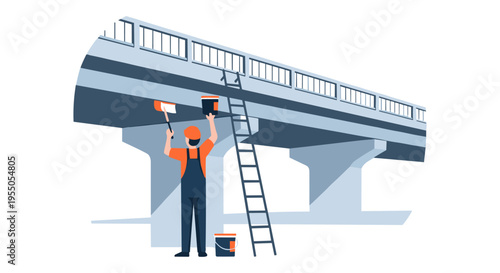 worker painting bridge with ladder and paint can