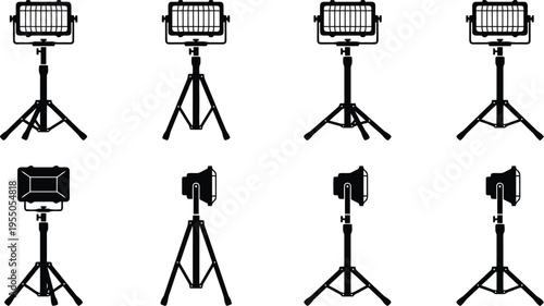 Silhouettes of Tripod Mounted Floodlights on White Background Keywords: floodlight, spotlight, tripod, lighting equipment, stage lighting, event lighting, construction lighting, portable light