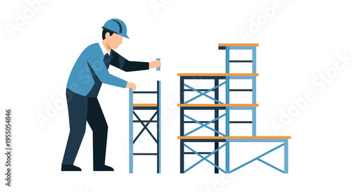 worker assembling scaffolding on construction site